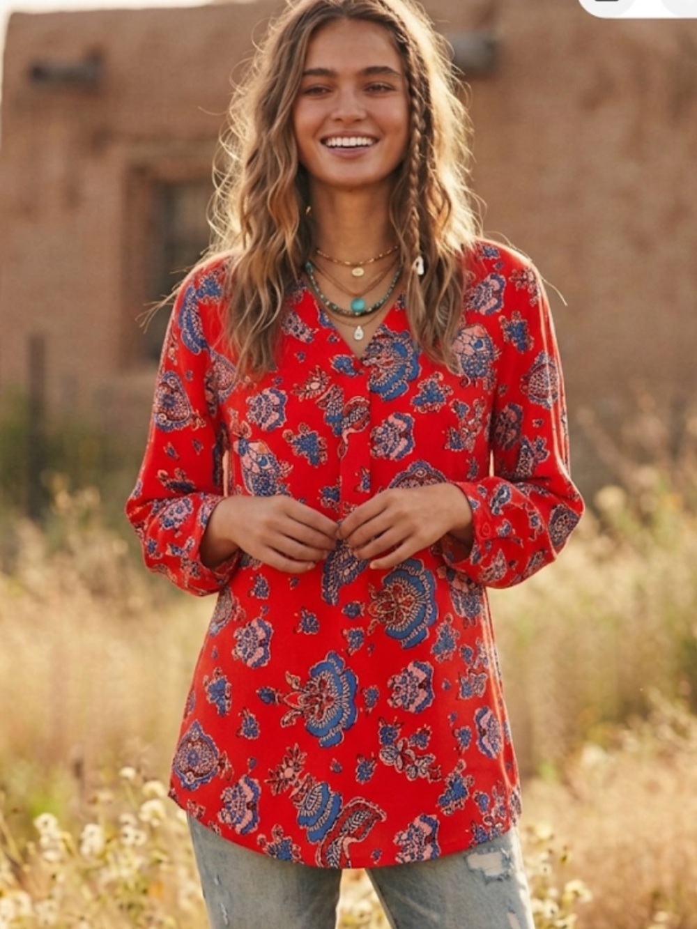 Rose & Thyme Red Bohemian Paisley VNeck Blouse 3/4 sleeve Ladies SZ M Flattering